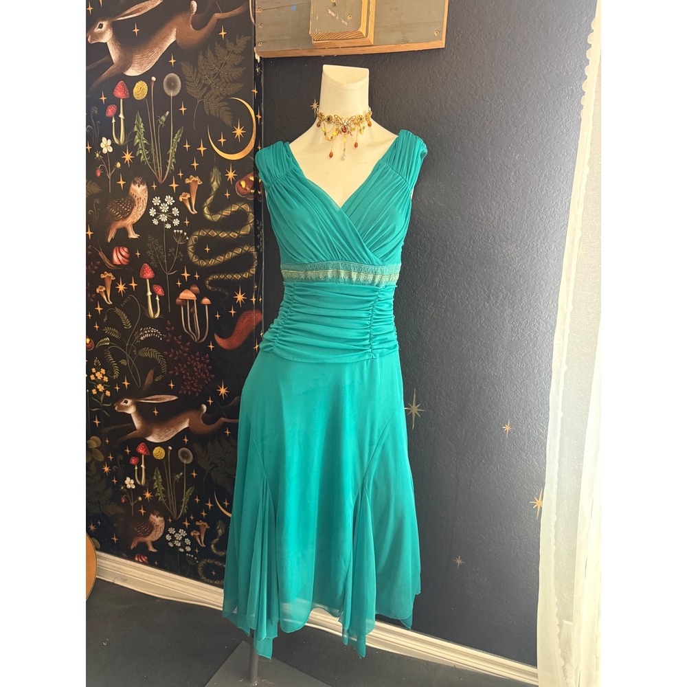 Jody California Teal Ruched Handkerchief Hem Midi Dress Turquoise V-Neck Vintage
